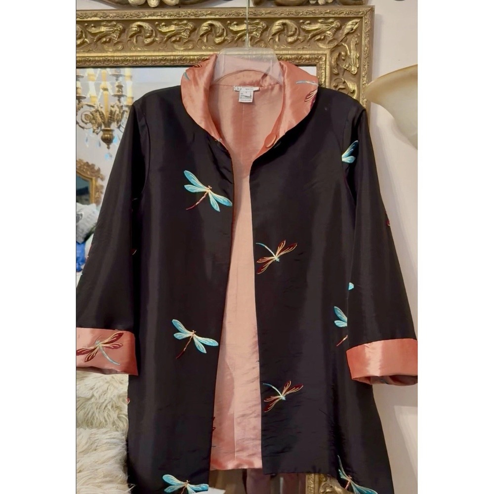 Grace Chuang Jacket Womens Medium Embroidered Dragonfly Open Front Boho Artwear